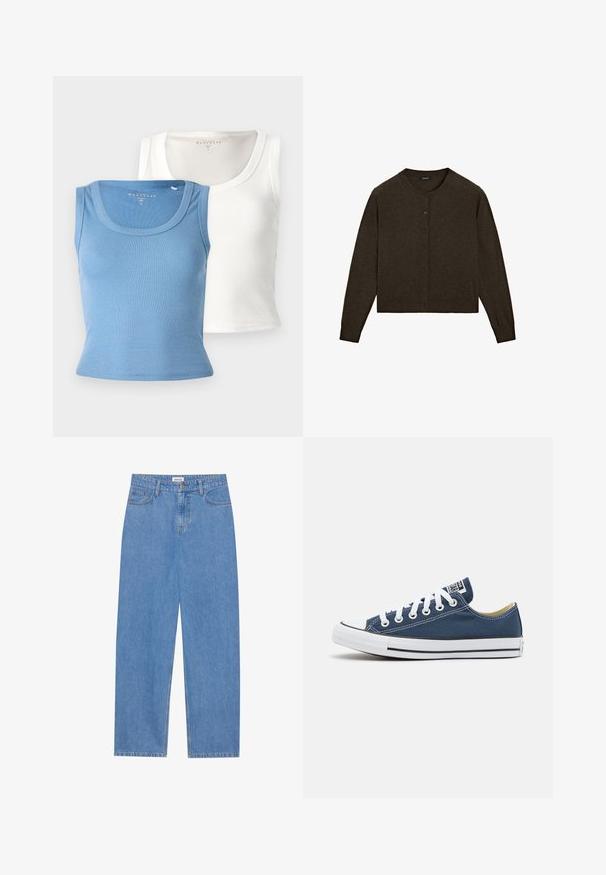 Donkerbruine cardigan van zachte stof, met een ronde halslijn, knoopsluiting aan de voorkant, lange mouwen en een cropped zoom.; Twee geribde tanktops: een lichtblauw en een wit. Beide hebben een ronde halslijn en een aansluitende pasvorm, die de textuur van de stof benadrukt.; Lichtblauwe denim jeans met een rechte pasvorm, vijf-pocket ontwerp, enkele knoopsluiting en subtiele stikseldetails op de naden.; Canvas sneaker in marineblauw met witte oogjes en veters, voorzien van een witte rubberen neuskap en een zwarte streep langs de zool.