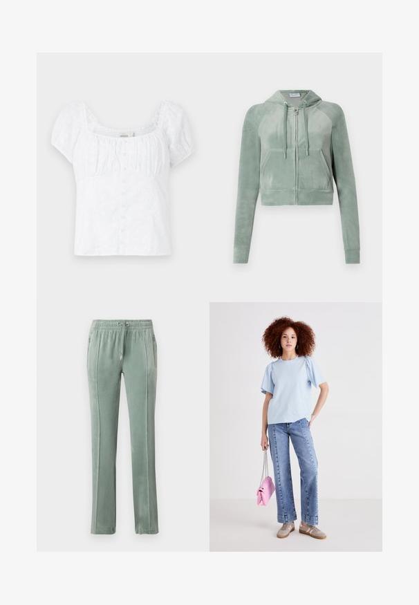 Sötétzöld, tompított velúrból készült cropped kapucnis pulcsi, elől cipzárral, állítható húzózsinórral és két elülső zsebbel rendelkezik. Sima textúrájú, logó részlettel.; Fehér blúz négyzet alakú nyakkivágással, rugalmas puffujjakkal és gombos záródással. Virágmintás hímzés díszíti és testhezálló szabása van.; Zöldes árnyalatú velúr melegítőnadrág, elasztikus derekkal, állítható zsinórral, oldalsó zsebekkel és kontrasztos függőleges varrással rendelkezik.; Világoskék pamut póló rövid puffos ujjakkal, magas derekú farmernadrággal párosítva. A modellen egy kis rózsaszín kézitáska látható láncos pánttal.