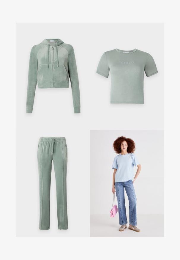 Hoodie scurt din velur de culoare verde stins, cu fermoar frontal, cordoane ajustabile și două buzunare în față. Textură netedă cu detalii ale logo-ului.; Tricou scurt cu mânecă, verde deschis, realizat dintr-un material moale, având un logo "Juicy" din strasuri pe piept. Culoare rotundă, design ajustat.; Pantaloni de trening din catifea într-o nuanță verde mut, cu talie elastică și șnururi, buzunare laterale și detalii de cusătură verticală contrastante.; Tricou din bumbac de culoare albastră deschisă, cu mâneci scurte tip puff, asortat cu blugi din denim cu talie înaltă. Modelul poartă o geantă mică roz, cu un breloc din lanț.