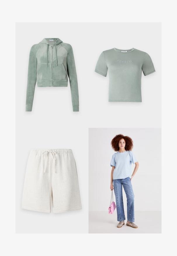 Sötétzöld, tompított velúrból készült cropped kapucnis pulcsi, elől cipzárral, állítható húzózsinórral és két elülső zsebbel rendelkezik. Sima textúrájú, logó részlettel.; Világoszöld, rövid ujjú póló, puha anyagból készült, a mellkason strasszkövekből készült "Juicy" logóval. Kerek nyakkivágás, testhez simuló fazon.; Téglás fehér színű vászonsort, gumis derékrésszel és húzózsinórral. Jellemzője a texturált felület és a bő szabás.; Világoskék pamut póló rövid puffos ujjakkal, magas derekú farmernadrággal párosítva. A modellen egy kis rózsaszín kézitáska látható láncos pánttal.