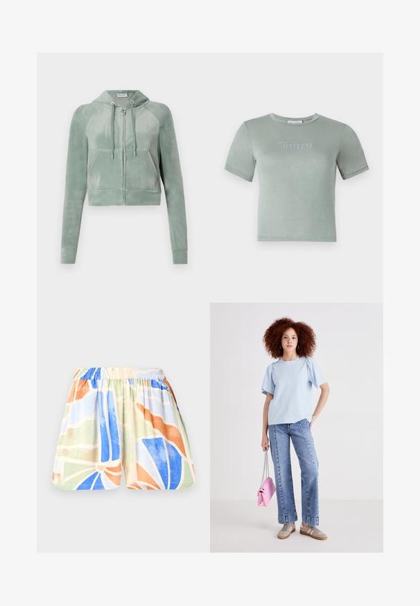 Korthævet hoodie i dæmpet grøn velour, med lynlås foran, justerbare snore og to forlommer. Glat tekstur med logodetalje.; Lys grøn kortærmet t-shirt lavet af blødt stof, med et "Juicy" logo i rhinsten over brystet. Rund halsudskæring, tætsiddende design.; Shorts lavet af let materiale med elastisk talje. Har et flerfarvet geometrisk mønster i blå, orange, grøn og beige.; Lyseblå bomulds T-shirt med korte puf ærmer, parret med højtaljede denim jeans. Modellen holder en lille pink håndtaske med kæde-rem.