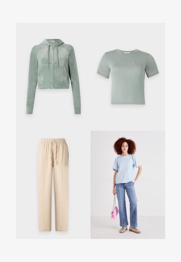 Skraćená mikina v jemnej zelenkavej velúrovej farbe, so zipsom vpredu, nastaviteľným šnúrkovým pásom a dvoma prednými vreckami. Hladký povrch s detailom loga.; Svetlozelené tričko s krátkymi rukávmi vyrobené z mäkkej tkaniny, so štrasovým logom "Juicy" naprieč hrudníkom. Okrúhly výstrih, priliehavý strih.; Béžové ľanové nohavice s elastickým pásom na šnúrku, rovný strih a hladká textúra. Ľahký a priedušný materiál.; Svetlomodré bavlnené tričko s krátkymi nariasenými rukávmi, v kombinácii s džínsami s vysokým pásom. Modelka drží malú ružovú kabelku s reťazovým popruhom.