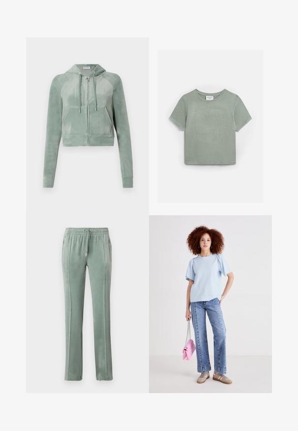 Cropped hoodie in muted green velour, featuring a zip front, adjustable drawstrings, and two front pockets. Smooth texture with logo detail.; Light green cotton t-shirt with short sleeves, featuring "Juicy" embroidered in rhinestones across the chest. Classic round neckline.; Velvet sweatpants in muted green, feature an elastic waistband with drawstrings, side pockets, and contrasting vertical stitching details.; Light blue cotton t-shirt with short puff sleeves, paired with high-waisted denim jeans. The model holds a small pink handbag with a chain strap.