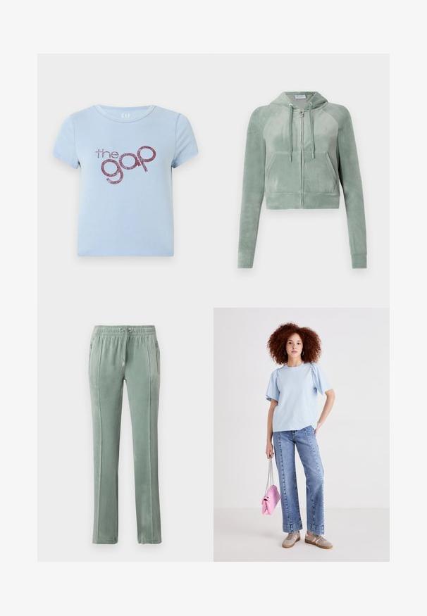 Korthævet hoodie i dæmpet grøn velour, med lynlås foran, justerbare snore og to forlommer. Glat tekstur med logodetalje.; Lyseblå bomulds T-shirt med rund halsudskæring og korte ærmer. Har en blank burgunderrød logo tekst "the gap" i et legende skrifttype.; Fløjls sweatpants i dæmpet grøn, med en elastisk talje og snoretræk, sidelommer og kontrasterende vertikale syninger.; Lyseblå bomulds T-shirt med korte puf ærmer, parret med højtaljede denim jeans. Modellen holder en lille pink håndtaske med kæde-rem.