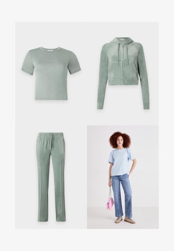 Iškirpta suknelė iš prislopinto žalia velūro, su užtrauktuką priekyje, reguliuojamomis raištelėmis ir dviem priekinėmis kišenėmis. Lygus paviršius su logotipo detale.; Šviesiai žalia trumpų rankovių marškinėliai, pagaminti iš minkštos medžiagos, su „Juicy“ logotipu, dekoruotu akmenukais, ant krūtinės. Apvalus iškirpimas, prigludęs dizainas.; Samančio atspalvio sametiniai sportiniai kelnių kelnės, su elastinga juosmeniu ir raišteliais, šoninėmis kišenėmis bei kontrastingomis vertikaliomis siuvimo detalėmis.; Šviesiai mėlyna medvilninė marškinėliai su trumpomis pūstomis rankovėmis, suderinti su aukštu liemeniu džinsais. Modelis laiko mažą rožinę rankinę su grandinėlės dirželiu.