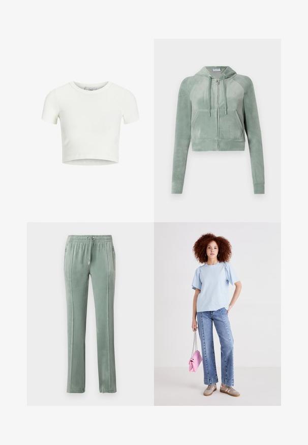 Hoodie scurt din velur de culoare verde stins, cu fermoar frontal, cordoane ajustabile și două buzunare în față. Textură netedă cu detalii ale logo-ului.; Tricou alb, scurt, realizat dintr-un material ribbed. Are un decolteu rotund și mâneci scurte. Textură netedă cu o formă ajustată.; Pantaloni de trening din catifea într-o nuanță verde mut, cu talie elastică și șnururi, buzunare laterale și detalii de cusătură verticală contrastante.; Tricou din bumbac de culoare albastră deschisă, cu mâneci scurte tip puff, asortat cu blugi din denim cu talie înaltă. Modelul poartă o geantă mică roz, cu un breloc din lanț.