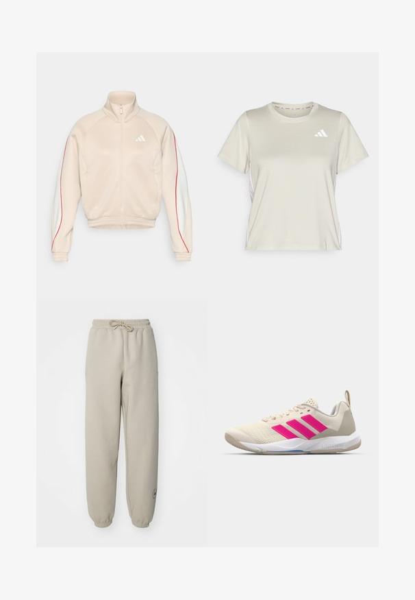 Beige jakke med glidelås og høy krage, hvite og røde sideakcenter, ribbestrikkede mansjetter og kant. Har en liten logo på brystet og to lommer.; adidas Performance TRAIN ESSENTIALS 3STRIPES WORKOUT - T-skjorte til trening - alumina/white; Beige joggebukser med elastisk midje og snor, med sidelommer og logo detalj på nederste del av benet. Teksturert stoff.; Beige atletik sko med rosa tre-stripes logo, teksturert mesh-overdel, polstret krage og hvit gummisåle, med "LIGHTSTRIKE" merke.