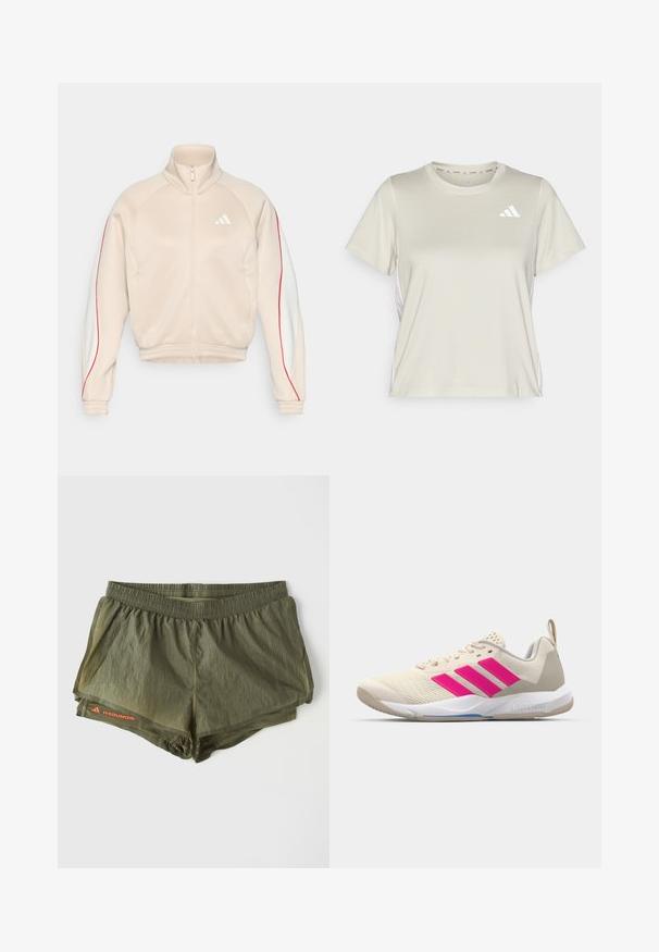 Veste beige zippée avec col montant, accents latéraux blancs et rouges, poignets et ourlet côtelés. Comprend un petit logo sur la poitrine et deux poches.; adidas Performance TRAIN ESSENTIALS 3STRIPES WORKOUT - T-shirt de sport - alumina/white; Shorts de sport vert olive avec une taille élastique, une doublure intérieure, des panneaux latéraux perforés et un accent logo rouge.; Baskets de sport beiges avec un logo à trois bandes roses, tige en maille texturée, col rembourré et semelle en caoutchouc blanc, arborant le marquage "LIGHTSTRIKE".