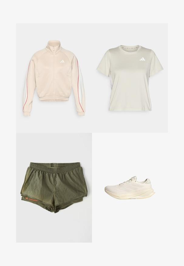 Beige lynlåsjakke med høj krave, hvide og røde sideaccenter, ribstrikkede ærmer og kant. Har et lille logo på brystet og to lommer.; adidas Performance TRAIN ESSENTIALS 3STRIPES WORKOUT - Sports T-shirts - alumina/white; Olivengrønne atletiske shorts med elastisk talje, indvendig foring, perforerede sidepaneler og en rød logoaccents.; Lys beige atletisk sko med overdel i net, flade snørebånd og en polstret sål. Har et design med tre striber på den laterale side.