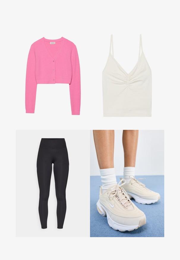 Cardigan roz, scurt, realizat dintr-un material tricotat texturat. Are un gât în formă de V, mâneci lungi și cinci nasturi asortați pe față.; Top alb, fără mâneci, dintr-un material moale și elastic, cu decolteu în V și detalii pliate în centru. Bretele subțiri și textură netedă.; Nike Performance FAST 7/8 - Leggings - black/white; Pantofi sport bej cu un superior texturat, sireturi albe și o talpă groasă albă. Designul înfățișează curbe subtile și un logo mic.
