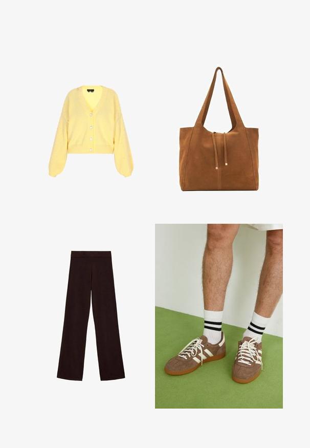 Rumena pletena jopica z V-izrezom, dolgimi balonastimi rokavi in perlastimi okrasnimi detajli na ramah. Zapiranje na pet gumbov spredaj.; Brezrokavni pulover v temno rjavi barvi, izdelan iz mehkega teksturiranega materiala. Ima okroglo ovratnico in rebraste robove na odprtinah za roke ter na spodnjem robu.; Rjav širokoleseni hlače iz mehkega blaga, z debelim pasom in gladko teksturo, brez vidnih vzorcev ali kovinskih delov.; Rjavi semiš športni čevlji z belimi detajli in vezalkami. Gumijast podplat. Nošeni z belimi nogavicami z črnimi črtami. Zelena teksturirana talna obloga.; Rjava semiš torba z širokim odprtjem, podaljšanimi naramnicami in zapiranjem na vrvico, ki vsebuje kovinske dodatke. Gladka tekstura z minimalnimi šivi.
