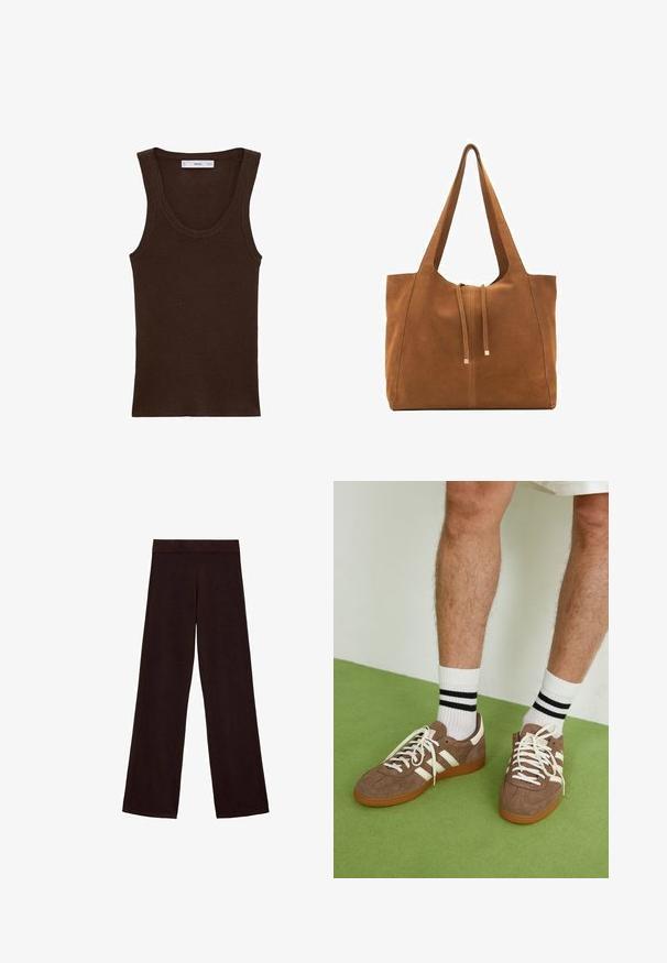 Žuti pleteni kardigan s V-izrezom, dugim balon rukavima i perlasastim ukrasima na ramenima. Prednje zatvaranje na pet dugmadi.; Mango RIRIN - Top - brown; Braon široke hlače od mekog materijala, s debelim pojasom i glatkom teksturom, bez vidljivih uzoraka ili hardvera.; Smeđe nubuk tenisice s bijelim detaljima i vezicama. Gumeni potplat. Nosene s bijelim čarapama s crnim prugama. Zeleno teksturirano pod.; Smeđa zamska torba s širokim otvorom, dugim trakama i zatvaranjem na vezicu s metalnim naglascima. Nemačka tekstura s minimalnim šavovima.