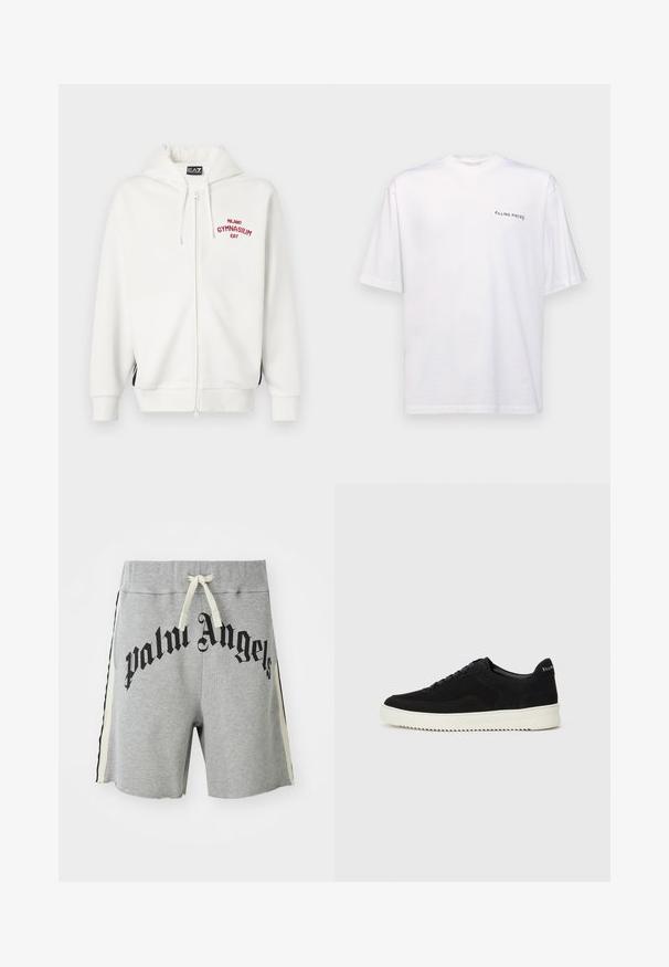 Witte capuchontrui met rood geborduurd "MILANO GYMNASIUM EA7" tekst, voorzien van een kangoeroe-pocket en zwarte zijaccenten. Zacht materiaal, ontspannen pasvorm.; Witte katoenen T-shirt met korte mouwen en een V-hals, voorzien van een zwart "FILLING PIECES" logo dat aan de linkerkant is gedrukt.; Lichtgrijze casual shorts met crèmekleurige trekkoord, zwarte en crèmekleurige zijstrepen, en grote zwarte tekst "palm angels" aan de voorkant.; Zwarte suède sneakers met vetersluiting en contrasterende witte rubberen zool. Voorzien van textuurpanelen aan de zijkanten en subtiele branding op de hiel.