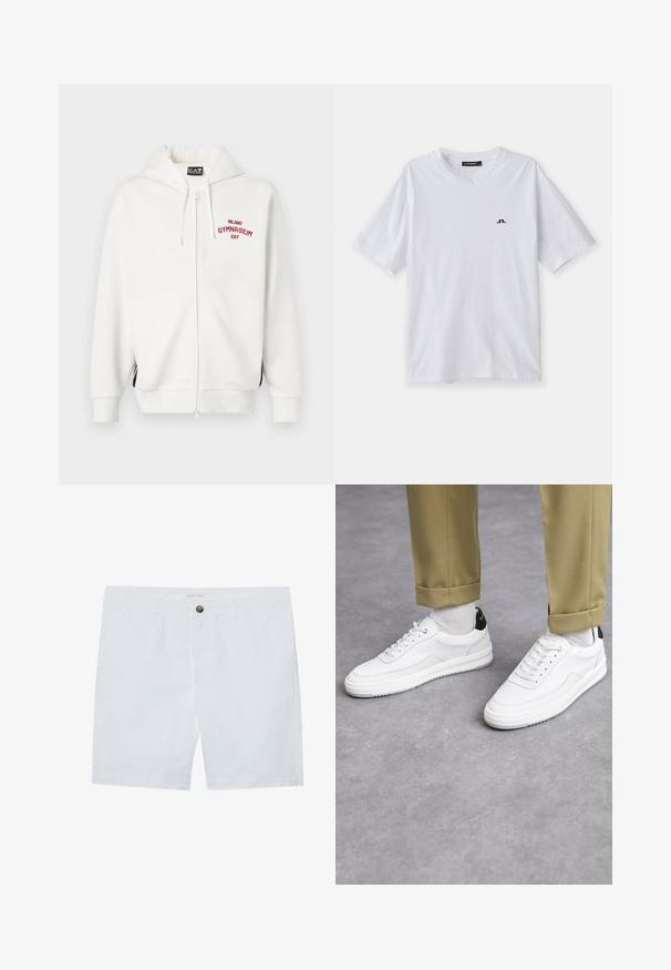White zip-up hoodie with red embroidered "MILANO GYMNASIUM EA7" text, featuring a kangaroo pocket and black side accents. Soft fabric, relaxed fit.; White cotton t-shirt with a crew neck and short sleeves, featuring a small black logo on the chest. Smooth texture and relaxed fit.; White cotton shorts featuring a front button closure, two side pockets, and a straight cut. Brand label "Pier One" at the waistband.; White sneakers with a textured leather finish, rounded toe, and black heel accent. Rubber sole with small tread pattern and stitched detail.