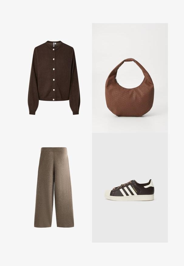 Brun stickad kofta med långa ärmar, rund hals och sex vita knappar fram.; Vit bomullströja med rund halsringning och korta ärmar. Har en slät textur och en jämn, enfärgad nyans utan mönster.; Vida byxor med vida ben, tillverkade av mjukt, brunt tyg med hög elastisk midja. De har en slät yta och inga synliga detaljer eller mönster.; Low-top Adidas Superstar-sneaker i mörkbrunt läder med krämfärgad tåhätta, vita ränder och texten "Superstar" på sidan.; Brun vävd handväska med rundad form, försedd med ett enda, vadderat handtag och en texturerad yta. Ingen synlig hårdvara eller detaljer.; Krämfärgade vantar gjorda av mjukt, strukturerat tyg med en fluffig utsida och slät innerfoder, sammanbundna med en snodd.
