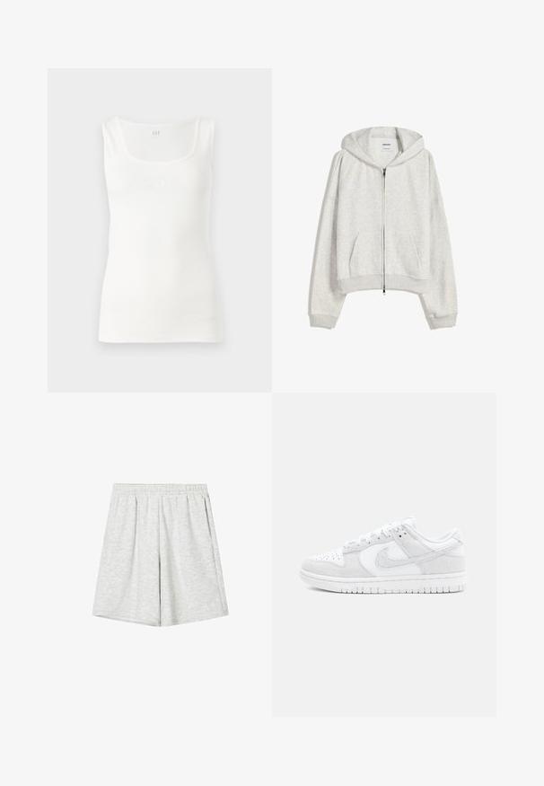Hanorac scurt de culoare gri deschis, realizat dintr-un material moale; dispune de un fermoar frontal, glugă mare și manșete și tiv cu margini ondulate; include buzunare laterale.; Top din bumbac alb cu nervuri, cu decolteu pătrat și cuvântul "GAP" embosat în aceeași nuanță pe față.; Șorturi atletice gri deschis dintr-un material moale, având un talie elastică, croială lejeră și o textură subtilă. Fără modele sau accente vizibile.; Adidași albi Nike care prezintă un amestec de piele texturată și suede, cu un design low-top, vârf rotund și talpă din cauciuc cu model.