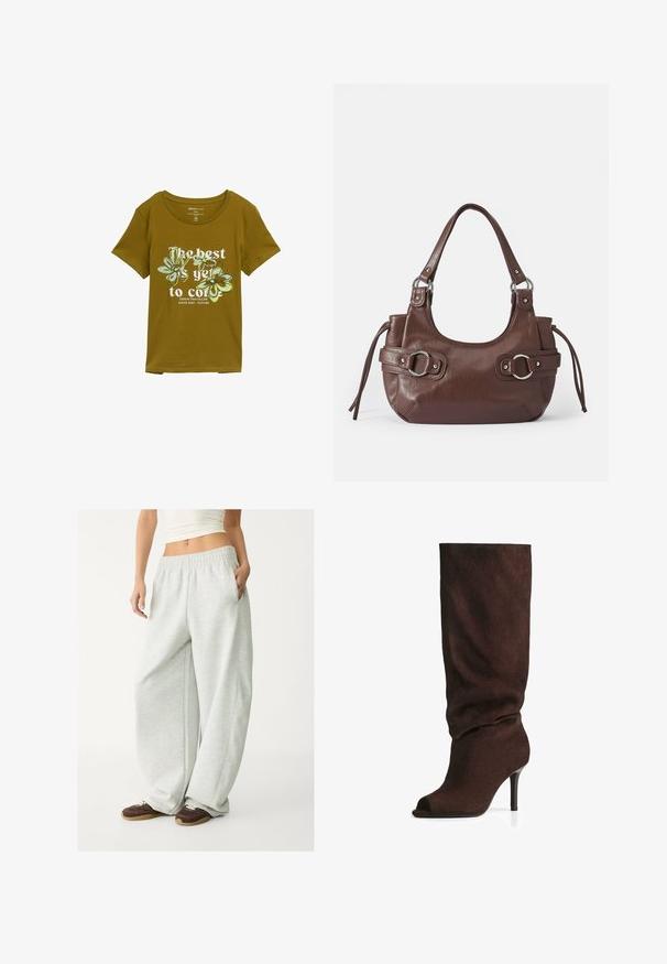 Lys grå cropped hoodie lavet af blødt stof; har en frontlynlås, stor hætte og ribbede manchetter og kant; inkluderer sidelommer.; Oliven grøn bomulds T-shirt med rund halsudskæring, korte ærmer og blomster grafisk design. Teksten lyder "Det bedste er endnu ikke kommet."; Lysgrå sweatpants med elastisk talje, sidelommer og løs pasform. Fremstillet af blødt, struktureret stof; har diskrete syninger.; Mørkebrun ruskinds støvle til knæet med slasket skaft, åben tå og slank høj hæl, fotograferet på hvid baggrund.; Brun læderhåndtaske med rund form, sølvhardware, to sideskuldre og en glat tekstur. Har en enkelt toppen håndtag.