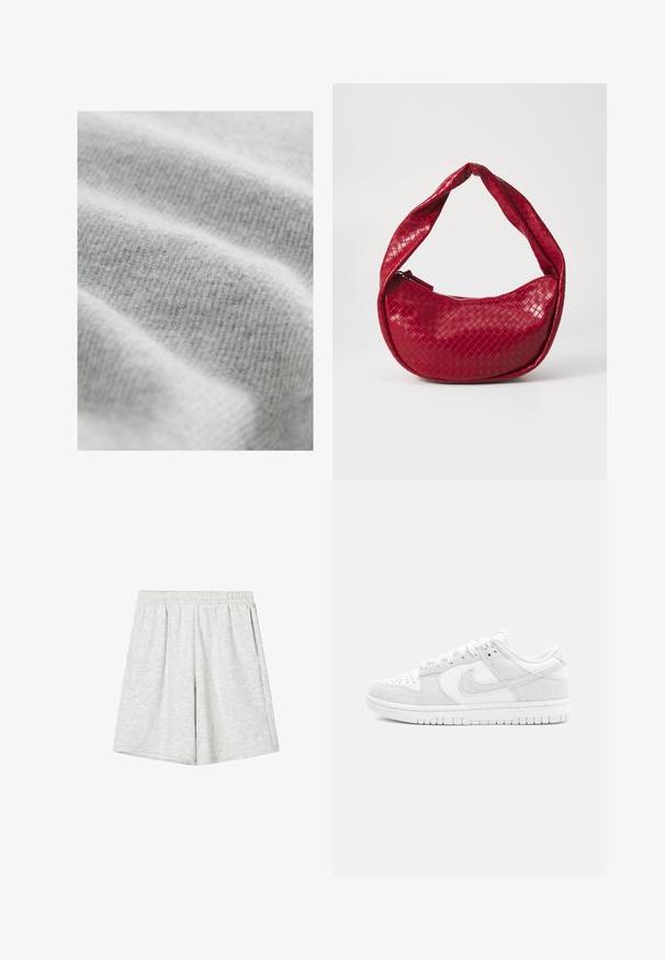 Svetlosivá skrátená mikina so zipsom vyrobená z mäkkej látky; má veľkú kapucňu a rebrované manžety a spodný lem; obsahuje bočné vrecká.; Svetlo šedá látka s mäkkým, textúrovaným prúžkovaným vzorom, s jemnými variáciami odtieňov a hladkým, lákavým povrchom.; Svetlošedé športové šortky vyrobené z mäkkej látky, s elastickým pásom, voľným strihom a jemnou textúrou. Žiadne viditeľné vzory ani akcenty.; Biele tenisky Nike s kombináciou textúrovanej kože a semišu, s nízkym strihom, okrúhlou špičkou a vzorovanou gumenou podrážkou.; Červená tkaná kožená kabelka s zakrivenou, polstrovanou rukoväťou, so zipsom a textúrovaným povrchom, ktorý má po celom obvode lesklý vzhľad.