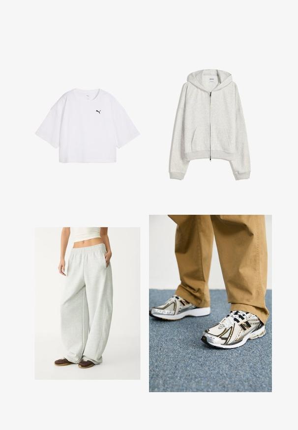 Vaaleanharmaa cropped huppari, joka on valmistettu pehmeästä kankaasta; siinä on edessä vetoketju, iso huppu ja ribatut hihansuut sekä helma; sisältää sivutaskut.; Valkoinen lyhythihainen crop-top, joka on valmistettu puuvillasta. Siinä on pyöreä kaula-aukko ja löysät lyhyet hihat. Musta Puma-logo vasemmalla rinnassa.; Vaaleat harmaat collegehousut, joissa on joustava vyötärö, sivutaskut ja löysä istuvuus. Valmistettu pehmeästä, tekstuurilla varustetusta kankaasta; sisältää hienovaraisia saumoja.; Valkoiset ja hopeiset New Balance -lenkkarit, joissa on mustat yksityiskohdat ja nauhat, verkkomateriaali yläosassa, pehmeä pohja ja dynaaminen muotoilu.