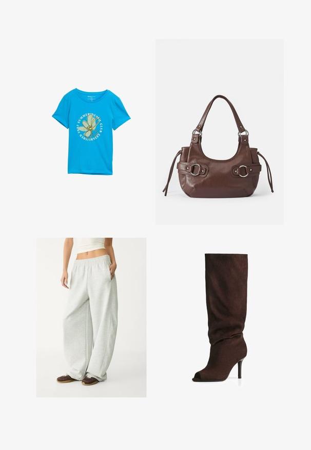 Ljusgrå kort hoodie gjord av mjukt tyg; har en framtida dragkedja, stor huva och ribbade mudd och nederkant; inkluderar sidofickor.; Blå bomulls-T-shirt med en rund grafik som föreställer en grön blomma och texten "SUMMER DENIM CLUB ESTABLISHED 2007." Kort ärm.; Ljusgrå sweats med elastisk midja, sidofickor och en lös passform. Tillverkade av mjukt, strukturerat tyg; har subtila sömmar.; Mörkbrun mocka knähög stövel med slapp skaft, öppen tå och smal klack, fotograferad på vit bakgrund.; Brun läderhandväska med rundad form, silverfärgad hårdvara, två sidoremmar och en slät yta. Har ett enda handtag på toppen.