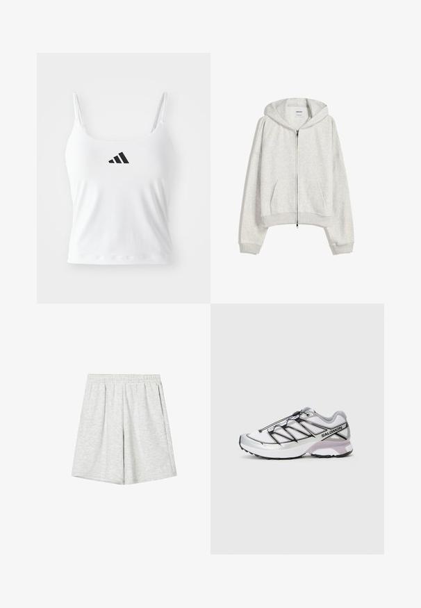 Lichtgrijze cropped hoodie van zachte stof; heeft een voorrits, grote capuchon en ribbelboorden aan de mouwen en onderkant; bevat zijzakken.; Witte tanktop met dunne bandjes, met een zwart adidas-logo op de voorkant. De stof heeft een gladde textuur en een aansluitende pasvorm.; Lichtgrijze sportbroekjes gemaakt van zachte stof, met een elastische tailleband, een losse pasvorm en een subtiele textuur. Geen zichtbare patronen of accenten.; Hardloopschoen met een lichtgewicht, witte mesh bovenkant, zilveren accenten en een zwart vetersysteem; heeft een gestructureerde zool voor grip.