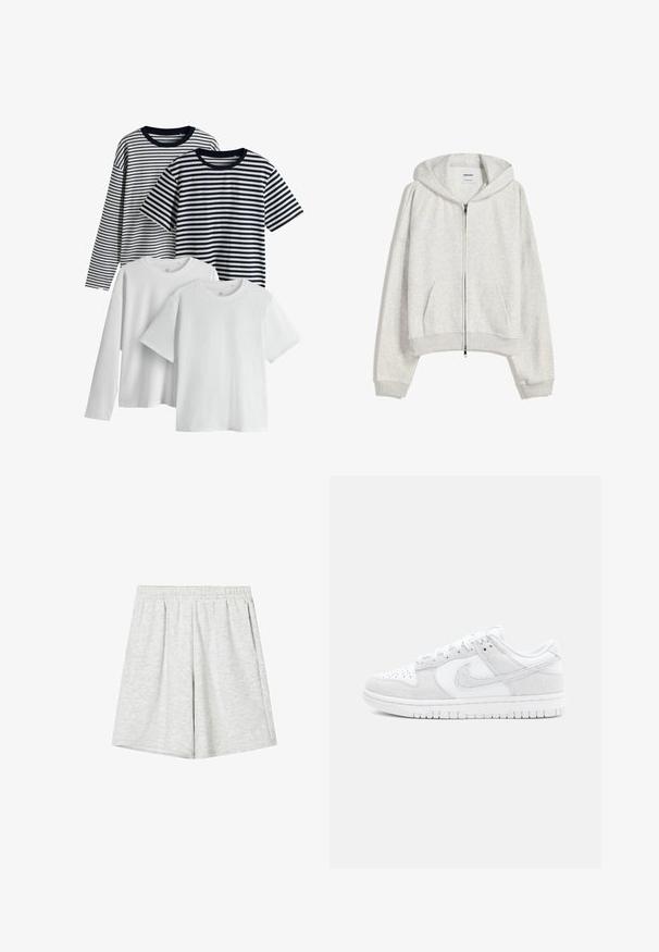 Lys grå cropped hoodie lavet af blødt stof; har en frontlynlås, stor hætte og ribbede manchetter og kant; inkluderer sidelommer.; Sæt af fire t-shirts: to hvide, en marineblå med striber og en sort med striber. Alle har korte ærmer og rund hals, lavet af bomuldsstof.; Lys grå atletiske shorts lavet af blødt stof, med elastisk talje, løs pasform og subtil tekstur. Ingen synlige mønstre eller accenter.; Hvide Nike sneakers med en kombination af struktureret læder og ruskind, lavt design, rund tå og mønstret gummisål.
