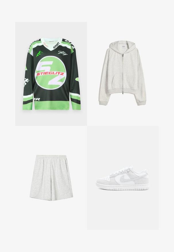 Vaaleanharmaa cropped huppari, joka on valmistettu pehmeästä kankaasta; siinä on edessä vetoketju, iso huppu ja ribatut hihansuut sekä helma; sisältää sivutaskut.; Vihreä ja musta pitkähihainen paita, jossa on pyöreä logo, rohkeat valkoiset ja punaiset grafiikat sekä V-pääntie. Valmistettu hengittävästä kankaasta.; Vaaleanharmaat urheilushortsit, jotka on valmistettu pehmeästä kankaasta. Niissä on joustava vyötärö, väljä istuvuus ja hienovarainen tekstuuri. Ei näkyviä kuvioita tai yksityiskohtia.; Valkoiset Nike-tennarit, jotka yhdistävät teksturoidun nahkan ja mokkanahan, matala malli, pyöristetty kärki ja kuviollinen kumipohja.