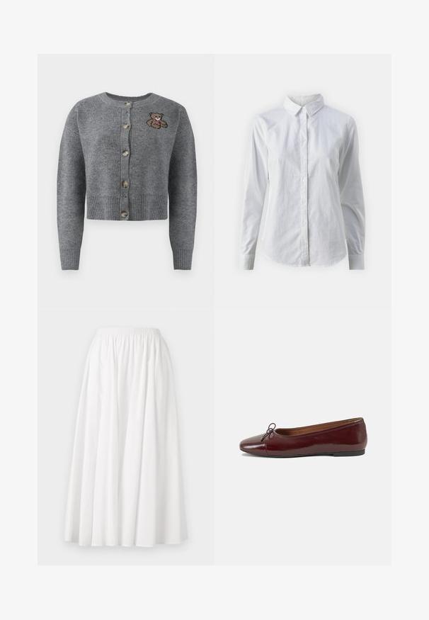 Cardigan cinza tricotado com um decote redondo, bainha canelada, cinco botões e um detalhe bordado de um urso no lado esquerdo.; Camisa branca de botão feita de algodão suave, com colarinho clássico, mangas longas e bainha curva. Os botões são pequenos e brancos.; Saia branca até ao joelho, feita de tecido leve, com cintura elástica e um design ligeiramente evasé. As pregas acrescentam um toque de elegância.; Bailarinas em couro sintético borgonha com bico redondo, pequeno laço na frente e sola baixa em borracha preta. Textura suave.