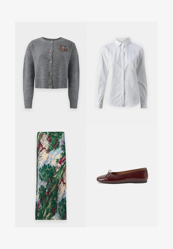 Harmaa neule cardigan, jossa on pyöreä pääntie, ribbireunus, viisi nappia ja brodeerattu karhu yksityiskohta vasemmalla puolella.; Valkoinen napitettava paita, joka on valmistettu sileästä puuvillasta. Paidassa on klassinen kaulus, pitkät hihat ja kaareva helma. Nappien koko on pieni ja ne ovat valkoiset.; Kuvioitu kangas, jossa on maisemakuva vihreistä puista, punaisista kukista, punakattoisesta talosta ja sinisestä taivaasta. Pinta on sileä.; Burgundin värinen lakattu nahkainen ballerinatossu pyöreällä varvaskärjellä, pienen nauhan yksityiskohdalla edessä ja matalalla mustalla kumipohjalla. Sujuva pinta.