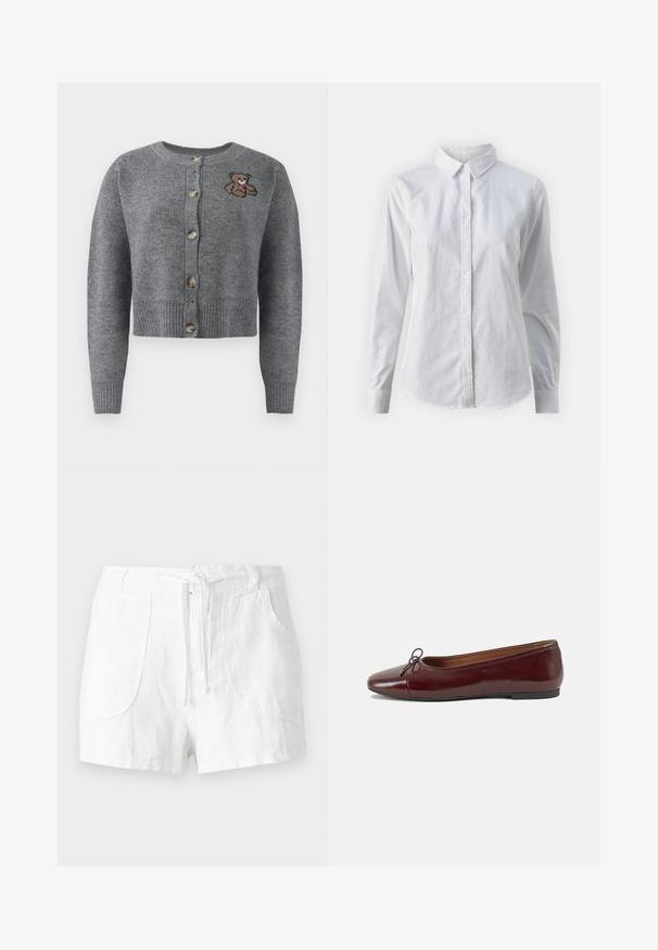 Sivi pleteni kardigan s okruglim izrezom, rebrastim rubom, pet dugmadi i vezom medvjeda sa lijeve strane.; Bjela košulja na dugih rukava od glatkog pamuka, s klasičnom kragnom i zakrivljenim rubom. Dugmad su mala i bijela.; Bijele lanene kratke hlače s pojasom na vezanje, imaju dva prednja džepa i glatku teksturu. Jednostavan dizajn bez ukrasa.; Burgundska lakirana balerinka s zaobljenim vrhom, malim mašnom sprijeda i niskom, crnom gumenom potplatu. Glatka tekstura.