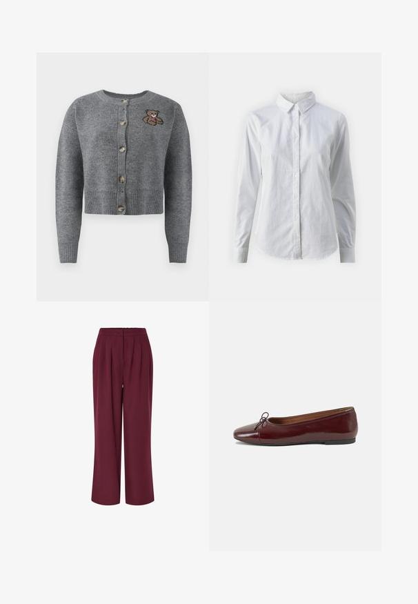 Pilkas megztas kardiganas su apvalia iškirpte, raišteliu aptrauktomis rankovėmis, penkiomis mygtukais ir siuvinėtu meškiuko detalė ant kairės pusės.; Balta marškinėliai su mygtukais, pagaminti iš lygios medvilnės, su klasikiniais apykaklės, ilgomis rankovėmis ir lenktu kraštu. Mygtukai maži ir balti.; Plati kelnės burgundiškoje medžiagoje, su priekinėmis raukšlėmis ir elastingu juosmeniu. Lygus paviršius, pilno ilgio dizainas.; Bordo lakiotos odos baleto bateliai su apvalia nosimi, maža kaspinėlio akcentu priekyje ir žema juoda guma padanga. Lygi tekstūra.