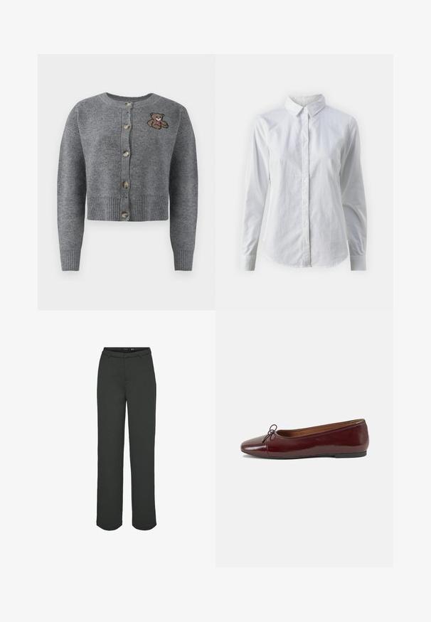 Pelēks adīts kardigans ar apaļu dekoltē, ribinātu malu, piecām pogām un izšūtu lāča detaļu kreisajā pusē.; Balta pogājamā krekla augšdaļa, izgatavota no gluda kokvilnas, ar klasisku apkakli, garām piedurknēm un izliekto apakšmalu. Pogas ir mazas un baltas.; Tumši zaļi platā kāju bikses, izgatavotas no gludas auduma. Tām ir josta ar cilpiņām, priekšējās kabatas un taisna nogriešana.; Burgundijas laku ādas baleta kurpes ar noapaļotu purngalu, nelielu loku akcentu priekšā un zemu melnu gumijas zoli. Gluda tekstūra.