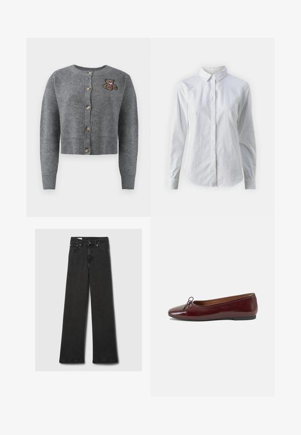 Grå strikket cardigan med rund hals, ribbestrikket kant, fem knapper, og et brodert bjørnedetalj på venstre side.; Hvit skjorte med knapper laget av glatt bomull, med klassisk krage, lange ermer og buet skjær. Knapper er små og hvite.; Sorte høyhalsede jeans med rett ben, fem lommer og kobbernitter, liggende flatt på en lys grå bakgrunn.; Burgunderrød lakk lær ballettleilighet med rund tå, liten sløyfe foran og en lav, svart gummisåle. Glatt tekstur.