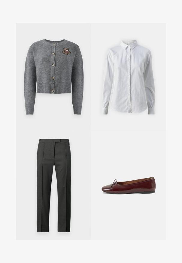 Gilet en tricot gris avec un col rond, un ourlet à côtes, cinq boutons et un détail brodé d'ours sur le côté gauche.; Chemise blanche à manches longues en coton lisse, dotée d'un col classique et d'un ourlet arrondi. Les boutons sont petits et blancs.; Pantalons ajustés gris foncé avec pli à l'avant, passants de ceinture et fermeture avant dissimulée, présentés sur un fond blanc.; Ballerines en cuir verni bordeaux avec un bout rond, un petit nœud décoratif à l'avant et une semelle en caoutchouc noire basse. Texture lisse.