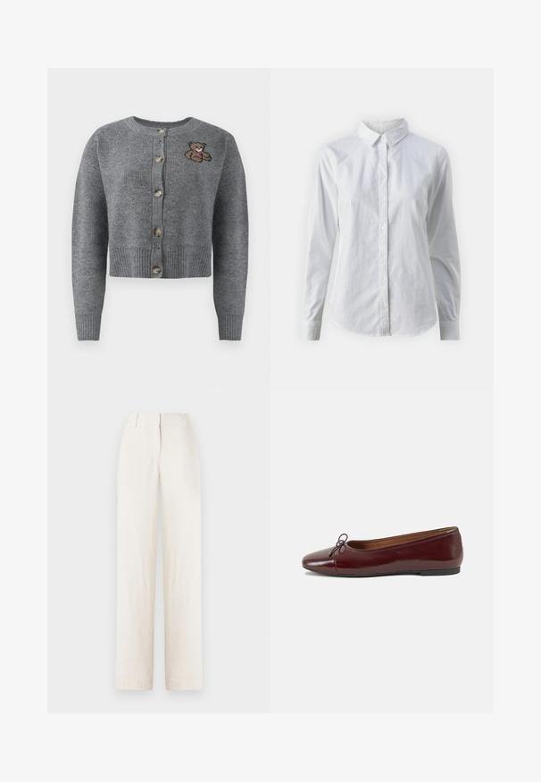 Šedý pletený kardigan s kulatým výstřihem, ribbovaným lemem, pěti knoflíky a vyšívaným detailem medvěda na levé straně.; Bílá košile na knoflíky vyrobená z hladké bavlny, s klasickým límcem, dlouhými rukávy a zakřiveným spodním lemem. Knoflíky jsou malé a bílé.; Lněné kalhoty ve světle béžové barvě s rovně střiženými nohavicemi, vybavené pasem a předními sklady pro přidanou detailnost.; Burgundské lakové baleríny s kulatou špičkou, malou mašlí vpředu a nízkou černou gumovou podrážkou. Hladký povrch.