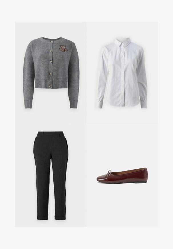 Grå strikket cardigan med rund hals, ribbestrikket kant, fem knapper, og et brodert bjørnedetalj på venstre side.; Hvit skjorte med knapper laget av glatt bomull, med klassisk krage, lange ermer og buet skjær. Knapper er små og hvite.; Mørk grå skreddersydde bukser med avsmalnende ben, beltehemper og sidelommer. Stoffet har en subtil tekstur. Oppbrettede hem.; Burgunderrød lakk lær ballettleilighet med rund tå, liten sløyfe foran og en lav, svart gummisåle. Glatt tekstur.