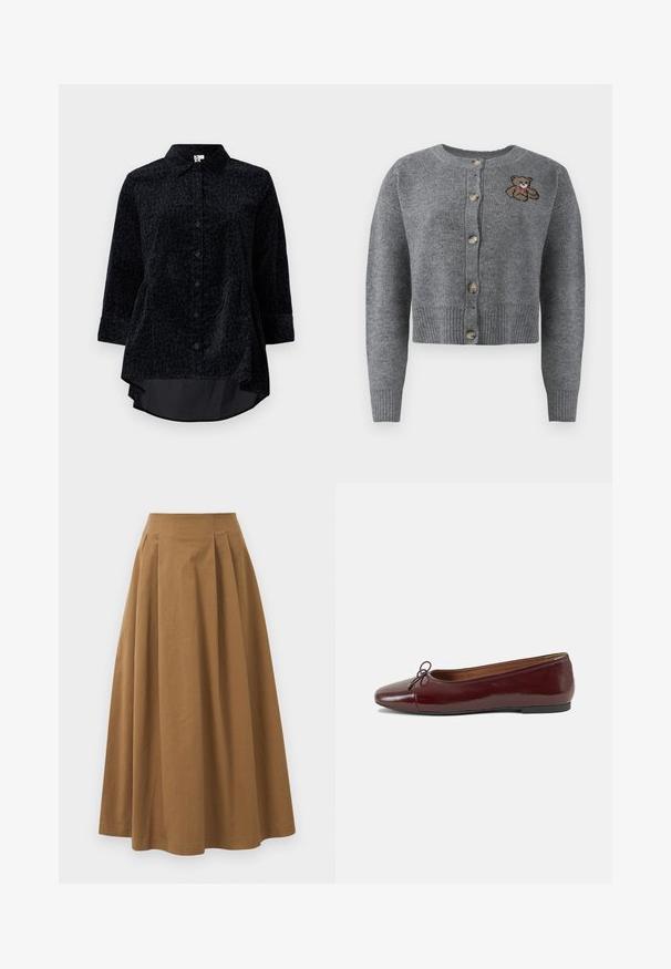 Cardigan cinza tricotado com um decote redondo, bainha canelada, cinco botões e um detalhe bordado de um urso no lado esquerdo.; Camisa preta com botões, com padrão de leopardo, feita de um tecido texturizado e suave, com um hem corte arredondado e mangas de três quartos.; Saia A-line de algodão castanho com cintura alta, apresentando pregas na parte da frente e uma textura suave. As bordas da bainha são limpas e simples.; Bailarinas em couro sintético borgonha com bico redondo, pequeno laço na frente e sola baixa em borracha preta. Textura suave.