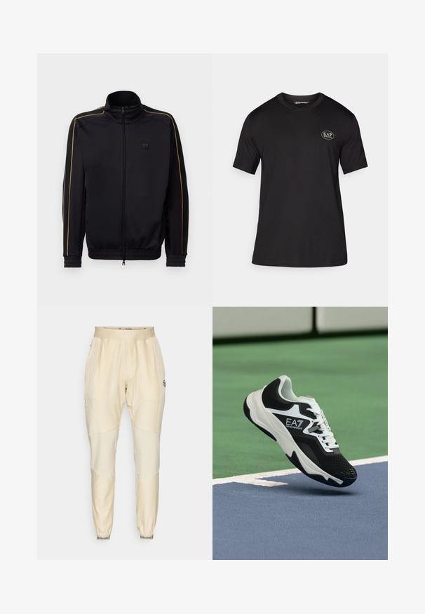 Črna zip-up trenirka z zlatim obrobe na rokavih in ramenih, elastičnimi manšetami in spodnjim robom ter majhnim logojem EA7 na prsih.; Črna kratka majica s kratkimi rokavi iz mehkega materiala, z okroglim izrezom in manjšim belim logotipom na levem prsnem delu.; Svetlo bež trenerke z gladko teksturo, ki imajo kontrastne panele, elastičen pas in elastične manšete na gležnjih.; Črno-beli čevelj EA7 Emporio Armani, ki visi nad modrimi in zelenimi linijami teniškega igrišča.