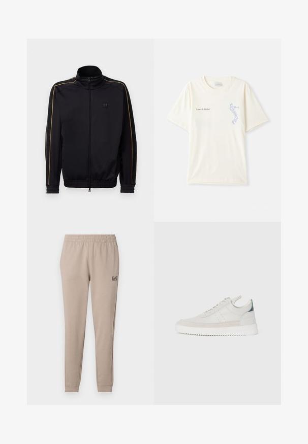 Μαύρο φερμουάρ αθλητικό μπουφάν με χρυσές ραφές στα μανίκια και τους ώμους, ελαστικούς σφιγκτήρες στα μανίκια και το κάτω μέρος, και μικρό λογότυπο EA7 στο στήθος.; Λευκό βαμβακερό μπλουζάκι με κοντά μανίκια, με το κείμενο "United By Rhythm" σε μαύρη και μπλε εκτύπωση στο στήθος. Στρογγυλή σχεδίαση λαιμού.; Μπεζ tapered joggers με ελαστική μέση, μανσέτες στους αστραγάλους και μικρό μαύρο λογότυπο EA7 στην αριστερή πλευρά. Μαλακή υφή υφάσματος.; Λευκά δερμάτινα αθλητικά παπούτσια με γκρι σουέντ λεπτομέρειες, σχέδιο με κορδόνια, λαβή στο πίσω μέρος και υφασμάτινη σόλα από καουτσούκ με ζιγκ-ζαγκ σχέδιο.