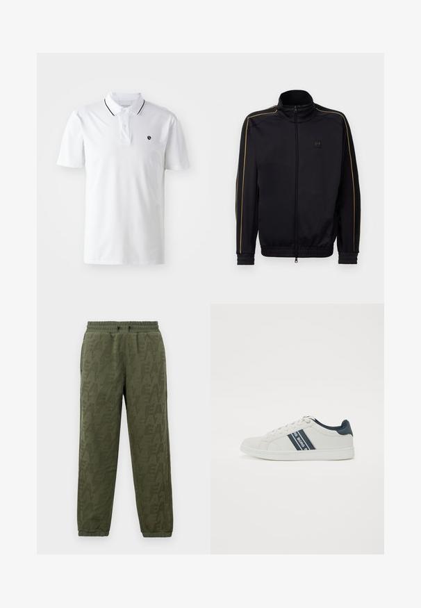 Czarna kurtka dresowa na zamek z złotymi lamówkami na rękawach i ramionach, elastycznymi mankietami i dolnym brzegiem, oraz małym logo EA7 na klatce piersiowej.; Biała koszulka polo z krótkimi rękawami, na dwa guziki i czarnym wykończeniem kołnierzyka. Posiada małe czarne logo na klatce piersiowej.; Jasnozielone dresowe spodnie z polaru z elastycznym paskiem i mankietami, z subtelnym tonowym wzorem logo EA7 na całej powierzchni.; Białe trampki o gładkiej skórzanej fakturze. Posiadają dwie ciemnoniebieskie paski po boku oraz pasującą niebieską akcent na pięcie. Klasyczny system sznurowania.