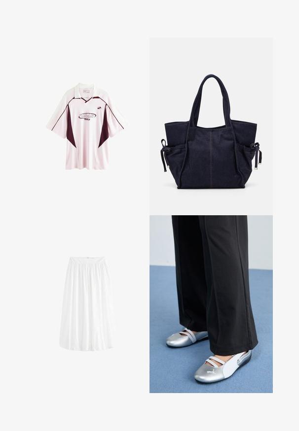 Svjetloplava rebrasta pletena kardigan jakna s okovratnikom i dugmadi sprijeda. Ima duge rukave i prilagođeni kroj.; Svetlo roza nogometna majica s kratkimi rokavi in temno maroonskimi dodatki, ima ovratnik, logo "MILAN" in stranske panele v kontrastni barvi.; Bela krila do kolen, narejena iz lahkega materiala. Ima elastičen pas za prilagodljivost in mehak padec.; Srebrni in beli ravni čevlji s prečnimi naramnicami in strukturiranimi detajli, dopolnjeni z ohlapnimi črnimi hlačami. Postavljeno na modro tla.; Becksöndergaard LAUREL BAG - Torba za nakupovanje - naval academy blue