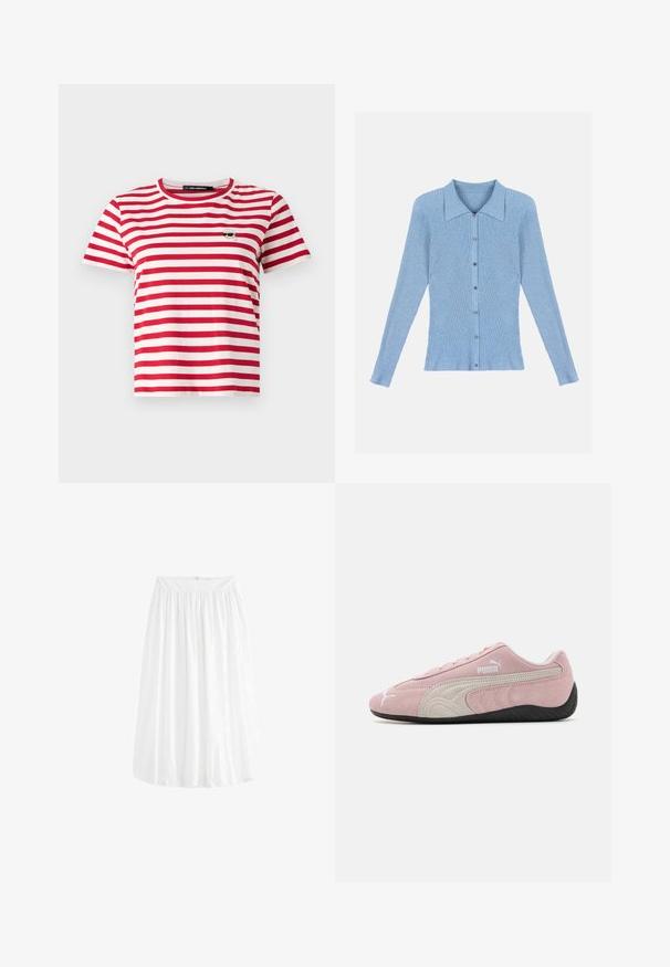 Šviesiai mėlynas raštuotas megztinis su apykakle ir mygtukais. Turi ilgomis rankovėmis ir prigludusį siluetą.; Raudonai ir balti dryžuoti trumpomis rankovėmis marškiniai su apvaliu kaklu; turi mažą siuvinėtą dizainą kairiajame krūtinės pusėje.; Balta, iki kelių siekianti sijonas, pagamintas iš lengvos medžiagos. Ypatybės - elastinga juosmens juosta, kuri leidžia reguliuoti dydį, ir minkštas krintantis audinys.; Rožinės zomšinės sportbačiai su pilkų akcentų, sraigtančių dizainu, tekstūruota viršutinė dalis ir juodas guminis padas. Šone yra Puma logotipas.