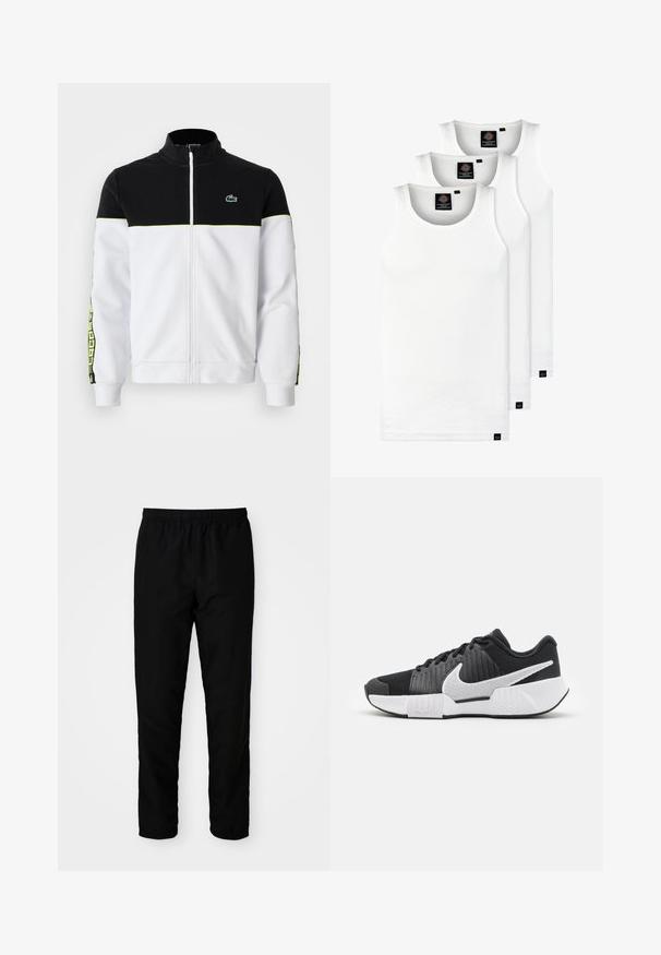 Bunda na zips s čiernym horným dielom, bielym spodným dielom, neonovo zeleným lemovaním, vzorovanými bočnými prúžkami a malým zeleným logo krokodíla na hrudi.; Tri biele rebrované tielka vyrobené z bavlny. Majú okrúhly výstrih a malé čierne štítky pri leme. Dostupné v rôznych veľkostiach.; Čierne nohavice s elastickým pásom a rovním strihom, vyrobené z hladkej látky, s elastickými manžetami na členkoch a bez viditeľných vreciek.; Čierne športové tenisky s textúrovaným zvrškom, bielym logom Swoosh, polstrovanou pätou a kontrastnou bielou podrážkou s cik-cak vzorom.