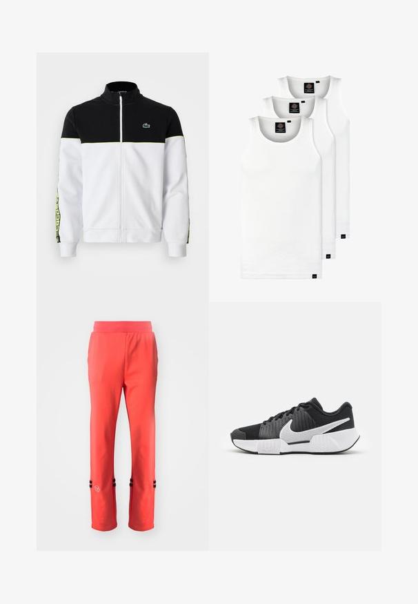 Casaco com fecho total, parte superior preta, parte inferior branca, detalhes em neon verde, riscas laterais padronizadas e pequeno logótipo de crocodilo verde no peito.; Três tops em algodão de alças brancas com nervuras. Apresentam um decote redondo e pequenas etiquetas pretas perto da bainha. Disponíveis em vários tamanhos.; Calças de desporto corais com um cós largo, apresentando detalhes em preto na bainha e um pequeno logótipo do lado esquerdo. Textura suave.; Sapatos atléticos pretos com um cabedal texturizado, logótipo swoosh branco, calcanhar acolchoado e uma sola branca em contraste com um padrão em zigzag.