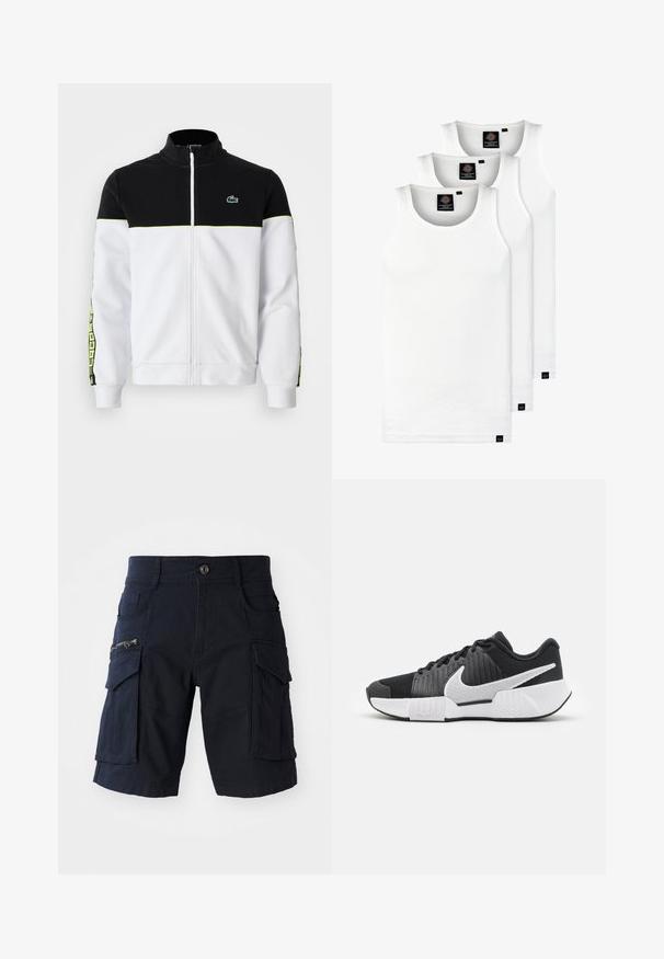 Volledige ritssluiting jacket met zwarte bovenkant, witte onderkant, neon groene accenten, gemusterde zijstrepen en klein groen krokodillenlogo op de borst.; Drie witte geribde tanktops van katoen. Kenmerken zijn een ronde hals en kleine zwarte labels nabij de zoom. Verkrijgbaar in meerdere maten.; Marine cargo shorts met meerdere zakken, waaronder een met rits aan de zijkant, duurzame stof, rechte snit en knielange ontwerp.; Zwarte sportieve schoenen met een gestructureerde bovenkant, wit swoosh-logo, gepolsterde hiel en een contrasterende witte zool met een zigzagpatroon.