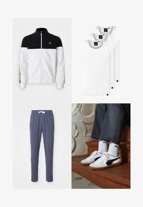 Full-zip jakke med svart overdel, hvit underdel, neongrønn kant, mønstrede sidestiper og liten grønn krokodillelogo på brystet.; Tre hvite ribbestrikkede tank topper laget av bomull. Har en rund hals og små svarte etiketter nær kanten. Tilgjengelig i flere størrelser.; Marinebukser laget av mykt materiale med elastisk midje og en lys grønn snor, samt svarte aksenter på siden.; Puma-sneakers i hvitt og svart semsket skinn, med en brun gummisåle. Kombinert med hvite sokker med en svart logo, båret med mørke bukser.