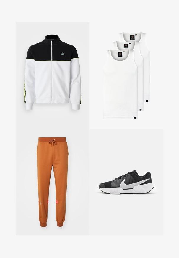Fuld-zip jakke med sort overdel, hvid underdel, neongrøn detaljer, mønstrede sidestriber og lille grøn krokodillelogo på brystet.; Tre hvide ribbede tanktops lavet af bomuld. Har en rund hals og små sorte mærker nær sømmen. Fås i flere størrelser.; Brune sweatpants med elastisk talje og snoretræk; har pink accentstriber og broderet logo nær anklen; blødt, tekstureret stof.; Sorte athletic sko med en tekstureret overdel, hvidt swoosh-logo, polstret hæl og en kontrasterende hvid sål med et zigzagmønster.