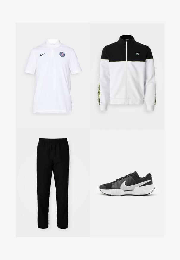 Koko-zip takki, jossa on musta yläosa, valkoinen alaosa, neonvihreä reunus, kuvioidut sivu-urheilunauhat ja pieni vihreä krokotiililogo rinnassa.; Valkoinen puuvillapaita, jossa on kaulus, lyhyet hihat, laivastonsininen Nike-logo ja pyöreä Pariisi-embleemi vasemmassa rinnassa.; Mustat joustovyötäröiset housut suoran leikkauksen omaavina, valmistettu sileästä kankaasta, jossa on joustavat resorit nilkoissa ja ei näkyviä taskuja.; Mustat urheilukengät, joissa on tekstuuri päällä, valkoinen swoosh-logo, pehmustettu kanta ja kontrastivalkoinen pohja, jossa on sahalaitakuviota.