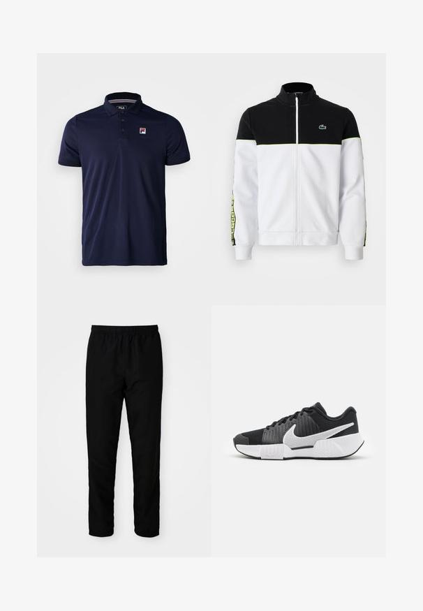 Koko-zip takki, jossa on musta yläosa, valkoinen alaosa, neonvihreä reunus, kuvioidut sivu-urheilunauhat ja pieni vihreä krokotiililogo rinnassa.; T-paita tummansinisestä kankaasta, jossa on sileä pinta, kolme nappia edessä, ribbireunus kauluksessa ja pieni FILA-logo vasemmassa rinnassa.; Mustat joustovyötäröiset housut suoran leikkauksen omaavina, valmistettu sileästä kankaasta, jossa on joustavat resorit nilkoissa ja ei näkyviä taskuja.; Mustat urheilukengät, joissa on tekstuuri päällä, valkoinen swoosh-logo, pehmustettu kanta ja kontrastivalkoinen pohja, jossa on sahalaitakuviota.