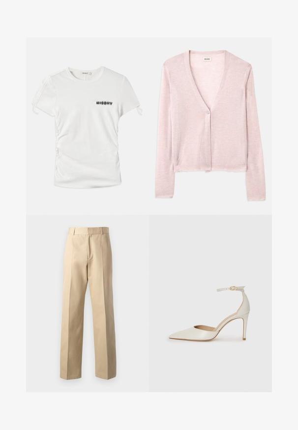 Heledad roosa kardigen, lühike disain, pikad varrukad, v-kaelus, ühe nööbiga sulgemine, pehme tekstuur, peene koepinna muster ja tooriku servade detailid.; Valge lühikese varrukaga T-särk, millele on külgedelt volangid ja mis kannab vasakul rinnal udust musta kiri "MISBHV".; Bežidestatud püksid sirge lõikega, millel on sile tekstuur, keskne esiripp, ja klassikaline talje.; Valgete nahast kõrge kontsaga kingad, terava varbaga, ankle strapiga ja kitsaste stiletto kontsadega. Sile tekstuur koos peene läikega.